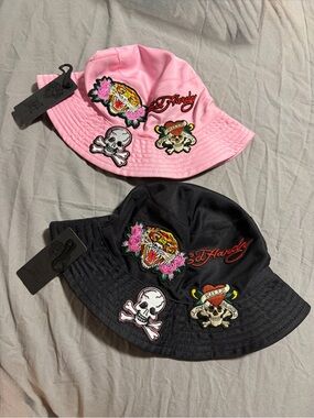 Ed Hardy Womens Bucket Hat - Pink and Black with Embroidered Patches